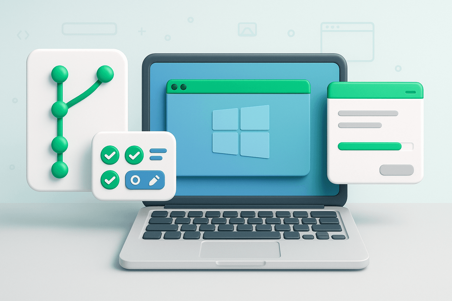 Ilustrasi 3D laptop dengan ikon Windows dan elemen antarmuka Git seperti diagram branch, checklist, dan progress bar, menggambarkan proses instalasi dan penggunaan Git di Windows.