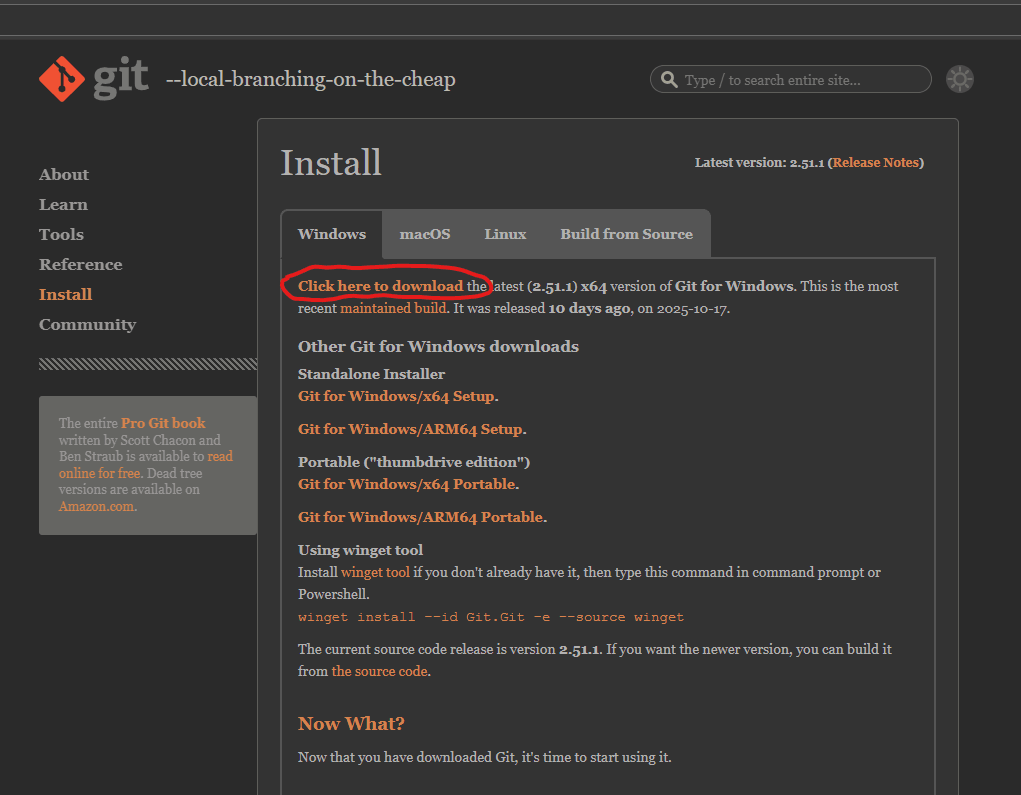 Tangkapan layar tampilan halaman website resmi download git.