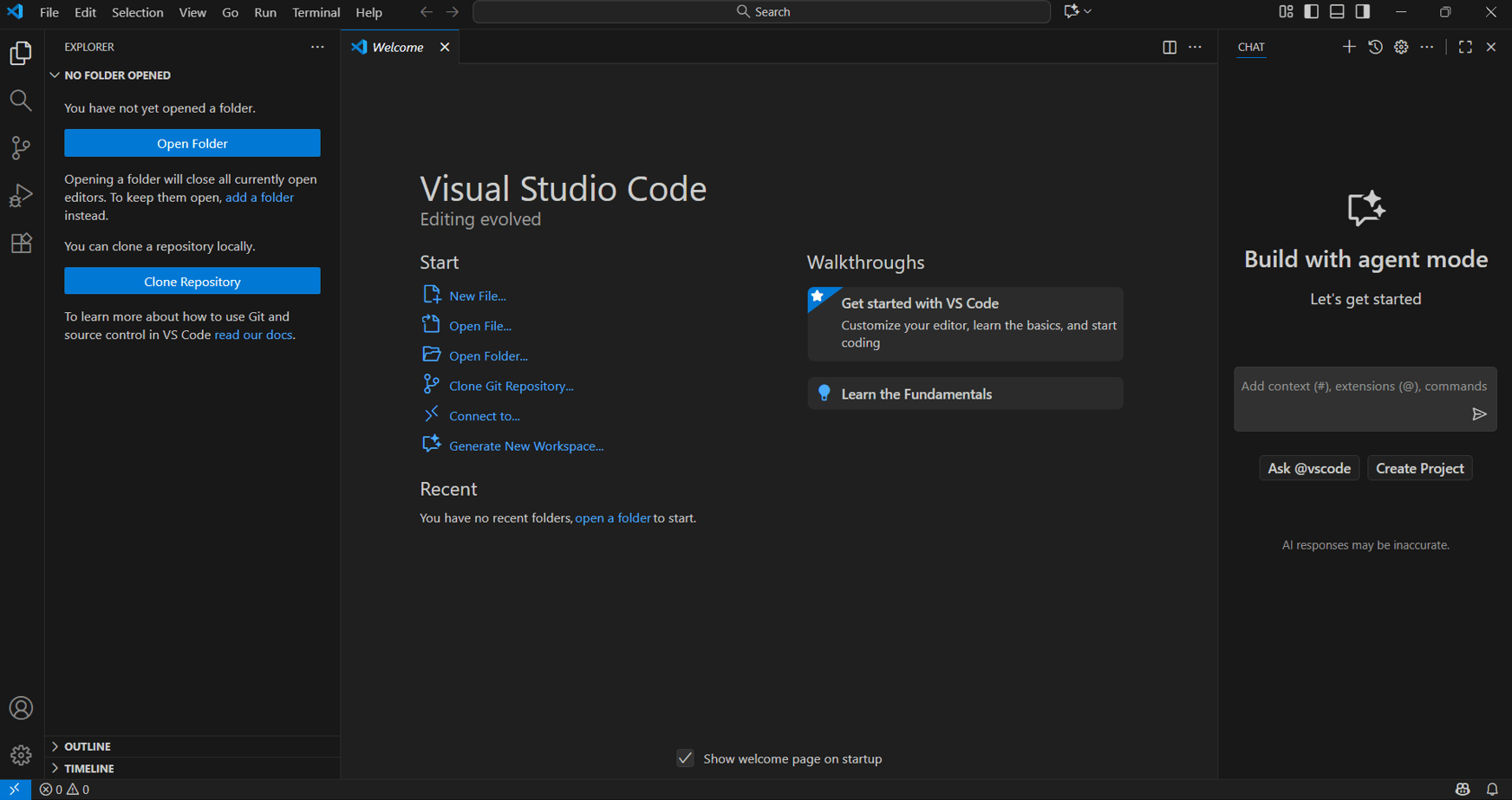 Tangkapan layar tampilan Visual Studio Code pertama kali dibuka
