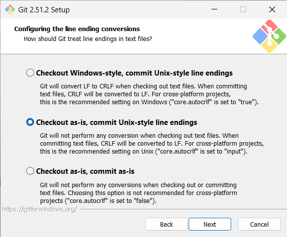 Tangkapan layar tampilan Config Line Ending - Git Setup.
