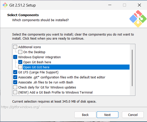 Tangkapan layar tampilan Select Components - Git Setup.