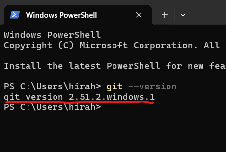 Tangkapan layar tampilan terminal Powershell dengan cek versi Git.