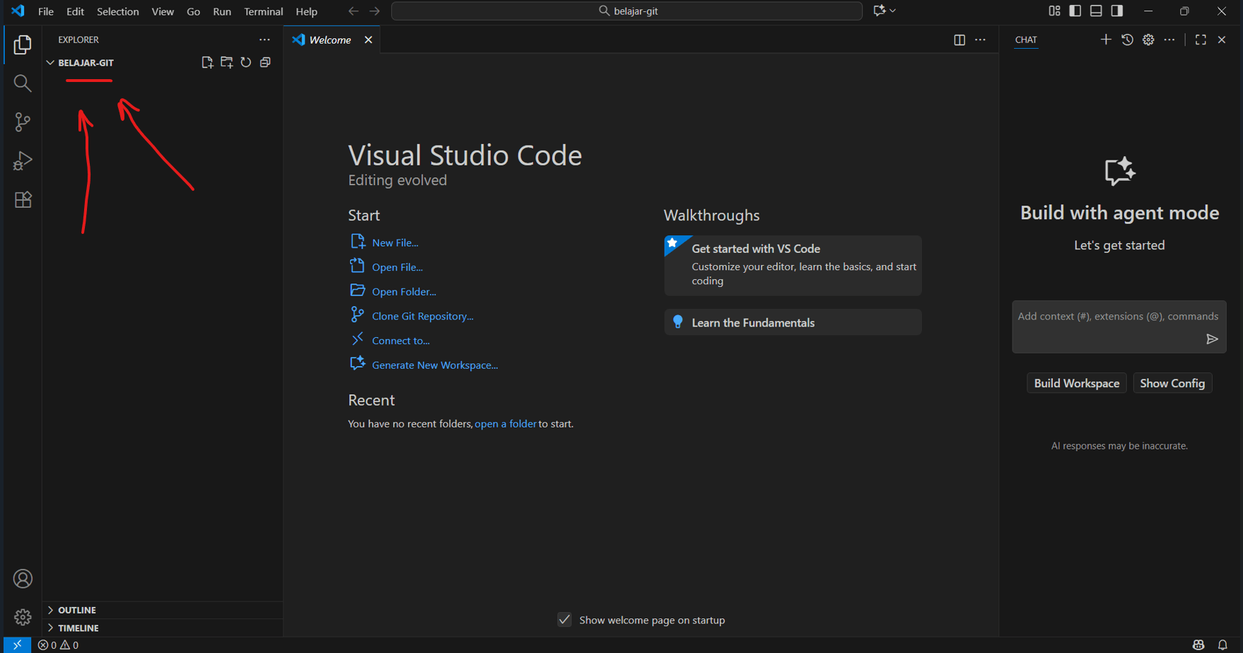 Tangkapan layar tampilan Visual Studio Code setelah buka folder