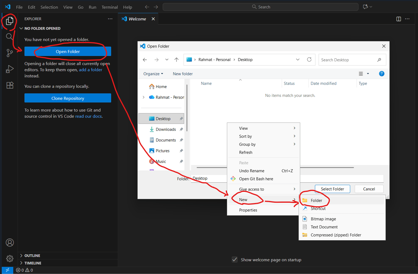 Tangkapan layar tampilan Visual Studio Code buka folder