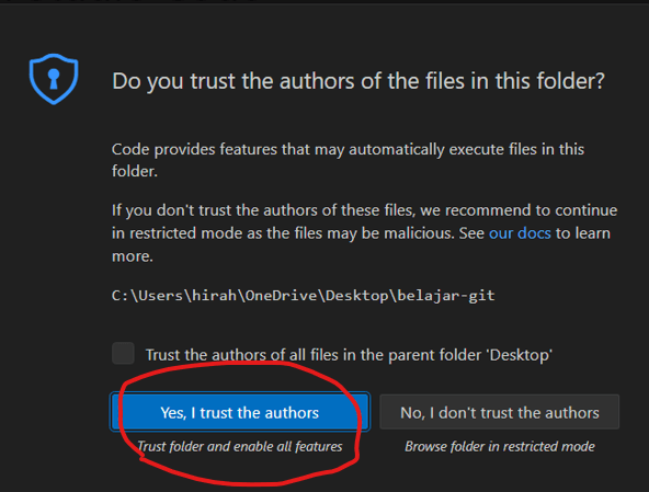Tangkapan layar tampilan Visual Studio Code pop up dialog trust the authors