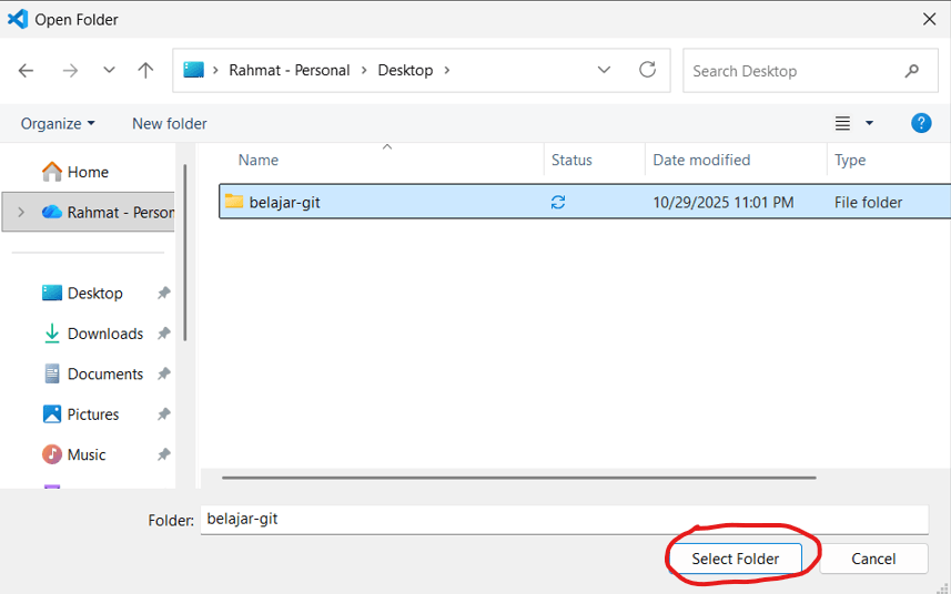 Tangkapan layar tampilan Visual Studio Code pilih folder