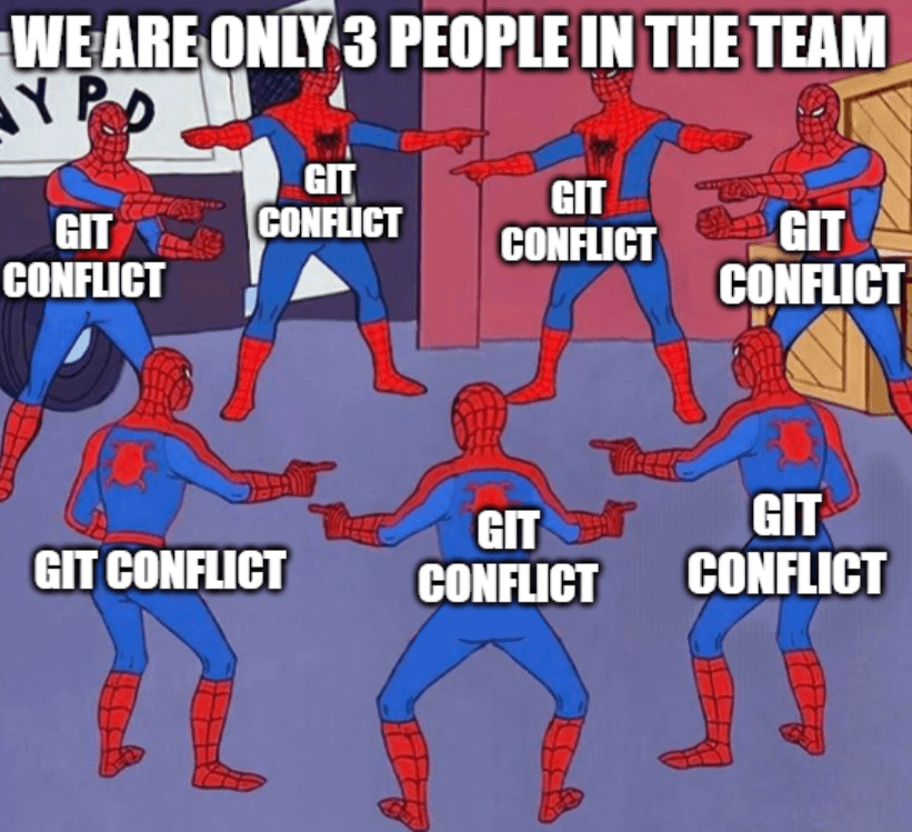 Meme banyak spiderman kembar saling menunjuk satu sama lain, representasi dari Git Conflict