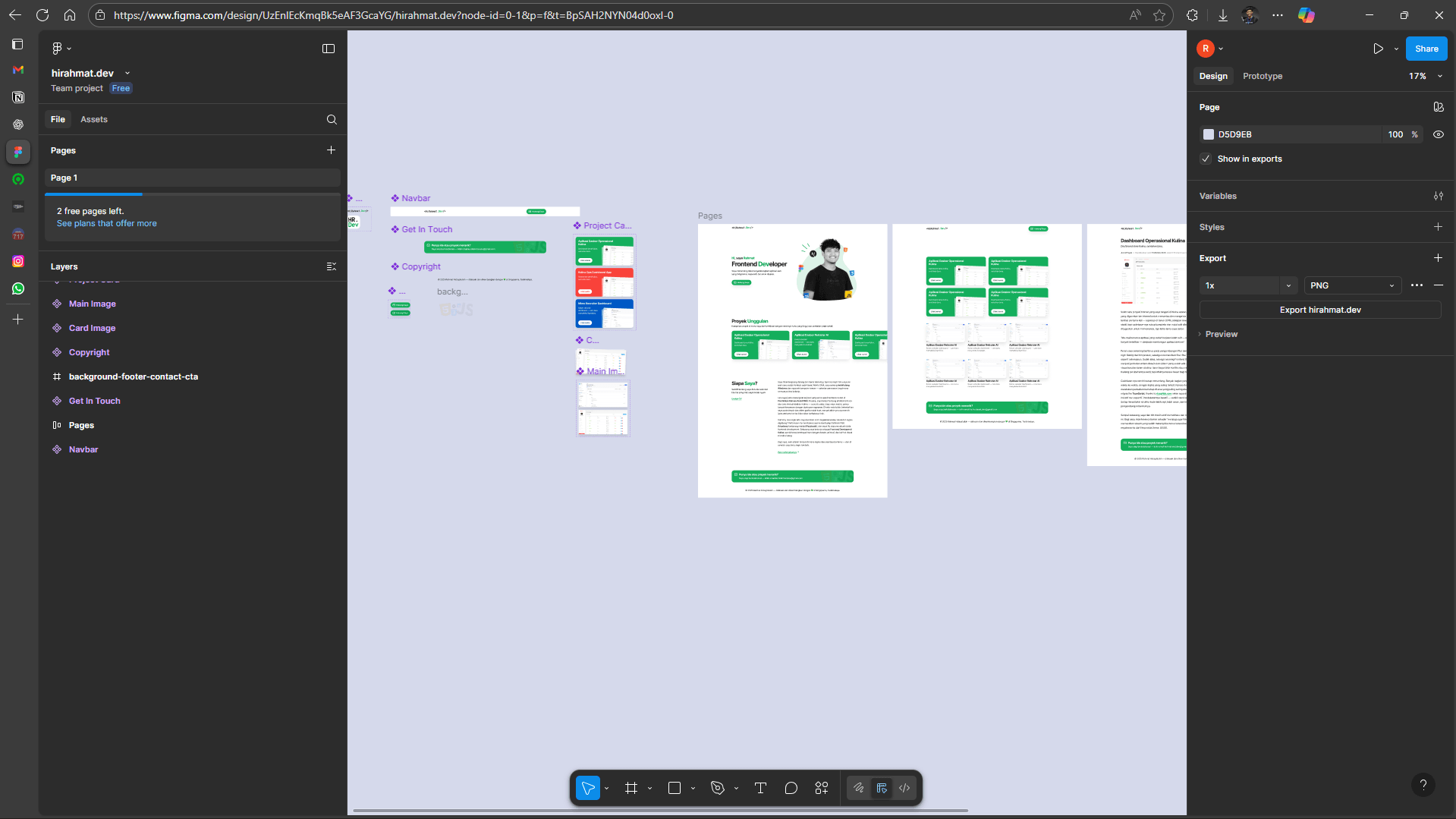 Tangkapan layar tampilan Figma yang memperlihatkan desain halaman website HiRahmat.Dev dengan beberapa artboard berwarna hijau dan putih.