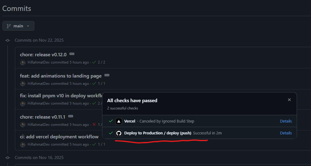 Screenshot commit history di github dan tampilan status github actions