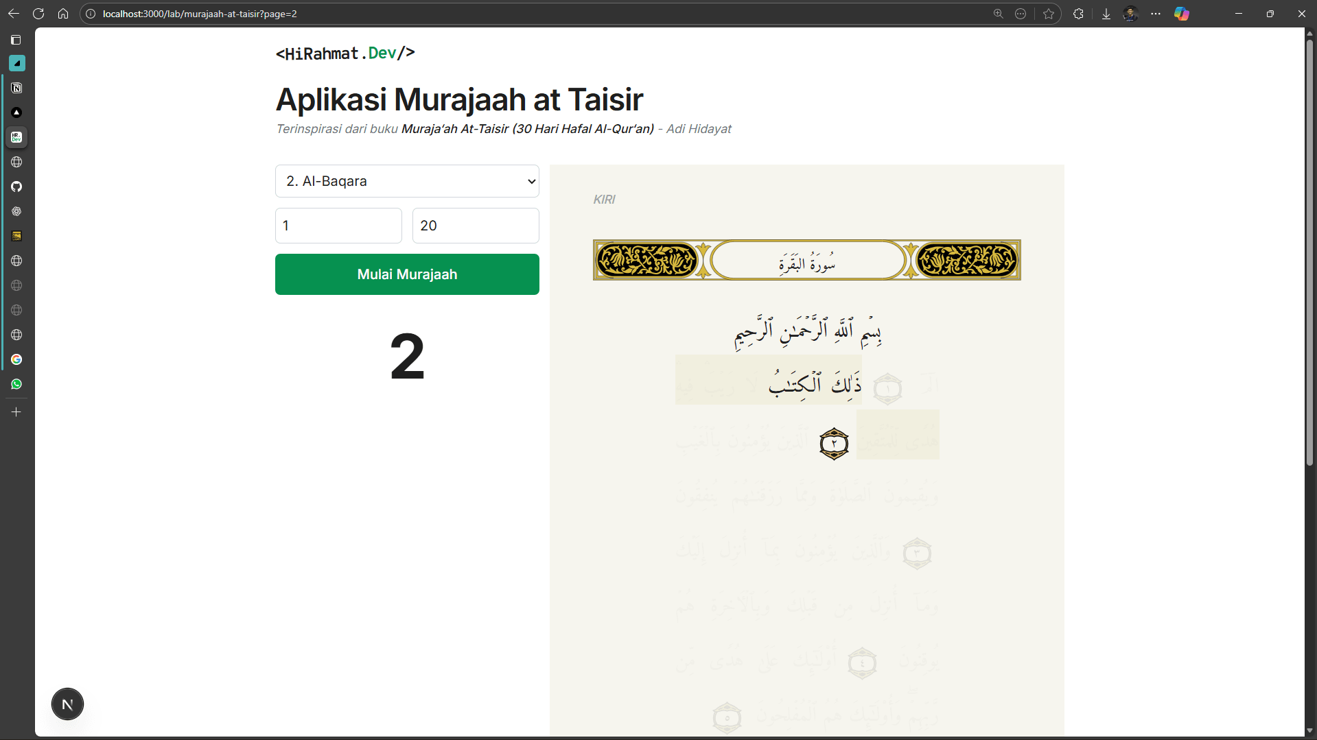 Tangkapan layar tampilan halaman Aplikasi Murajaah at Taisri dari website HiRahmat.Dev