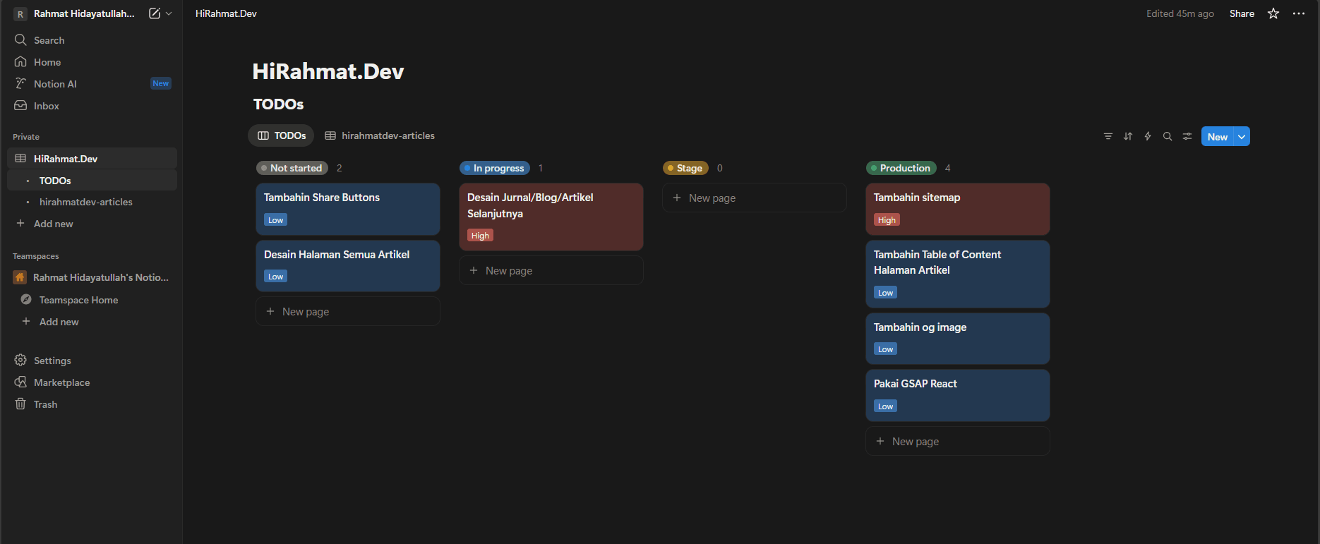 Tangkapan layar notion database HiRahmat.Dev dengan data source TODOs